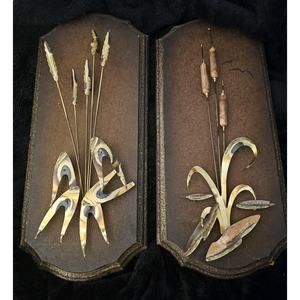 Vintage MCM Brass & Copper Cattail and Wheat Wall Plaques - 2 pieces